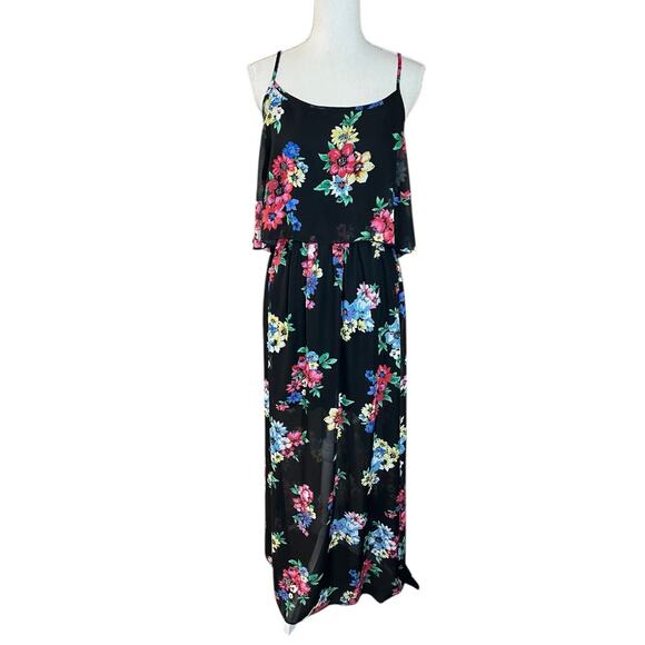 La Scala Black maxi Dress with Floral Accents flowy spring sheer multicolor - Picture 1 of 6